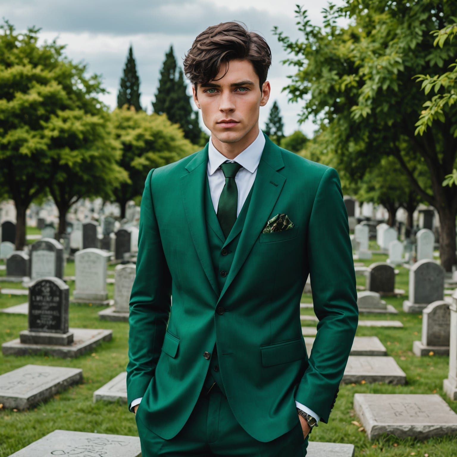 Man in Green Suit Posing in Cemetery