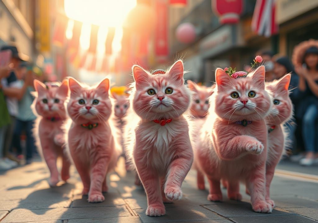 Joyful Pink Cat Parade in Hyperrealistic Style