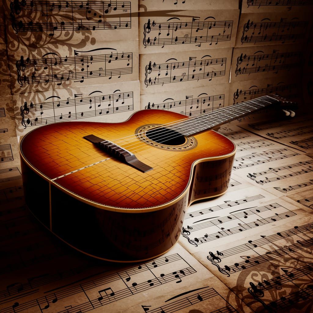 Antique Guitar on Vintage Sheet Music: Impressionistic Photo...