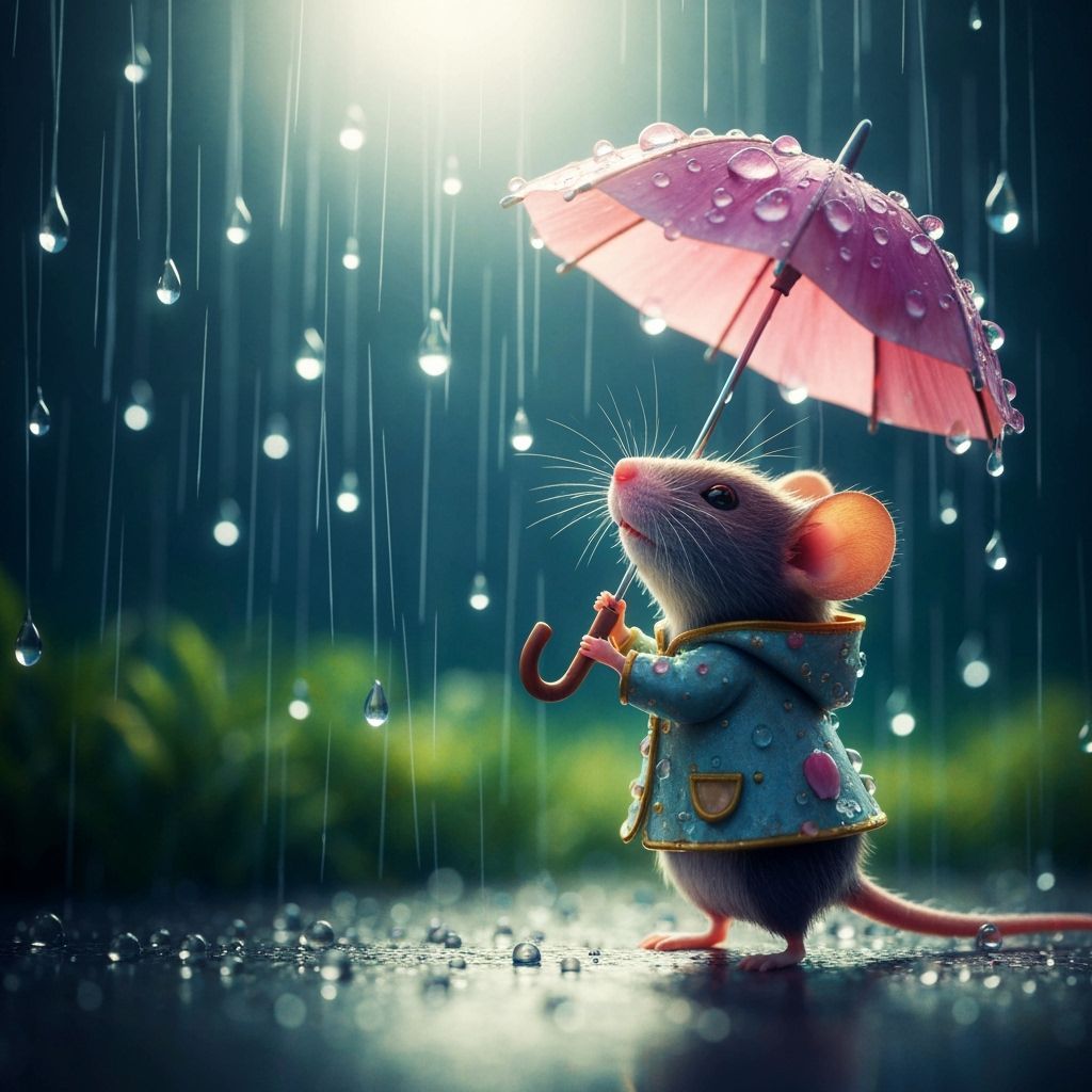 Rain-Soaked Mouse with Flower Petal Umbrella