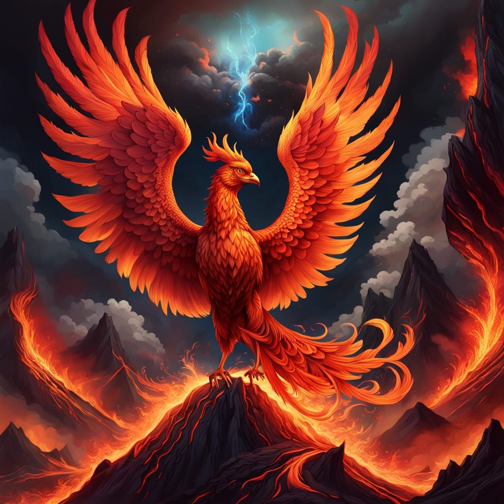 Phoenix Rising from Volcanic Ash in Hyperrealistic Style