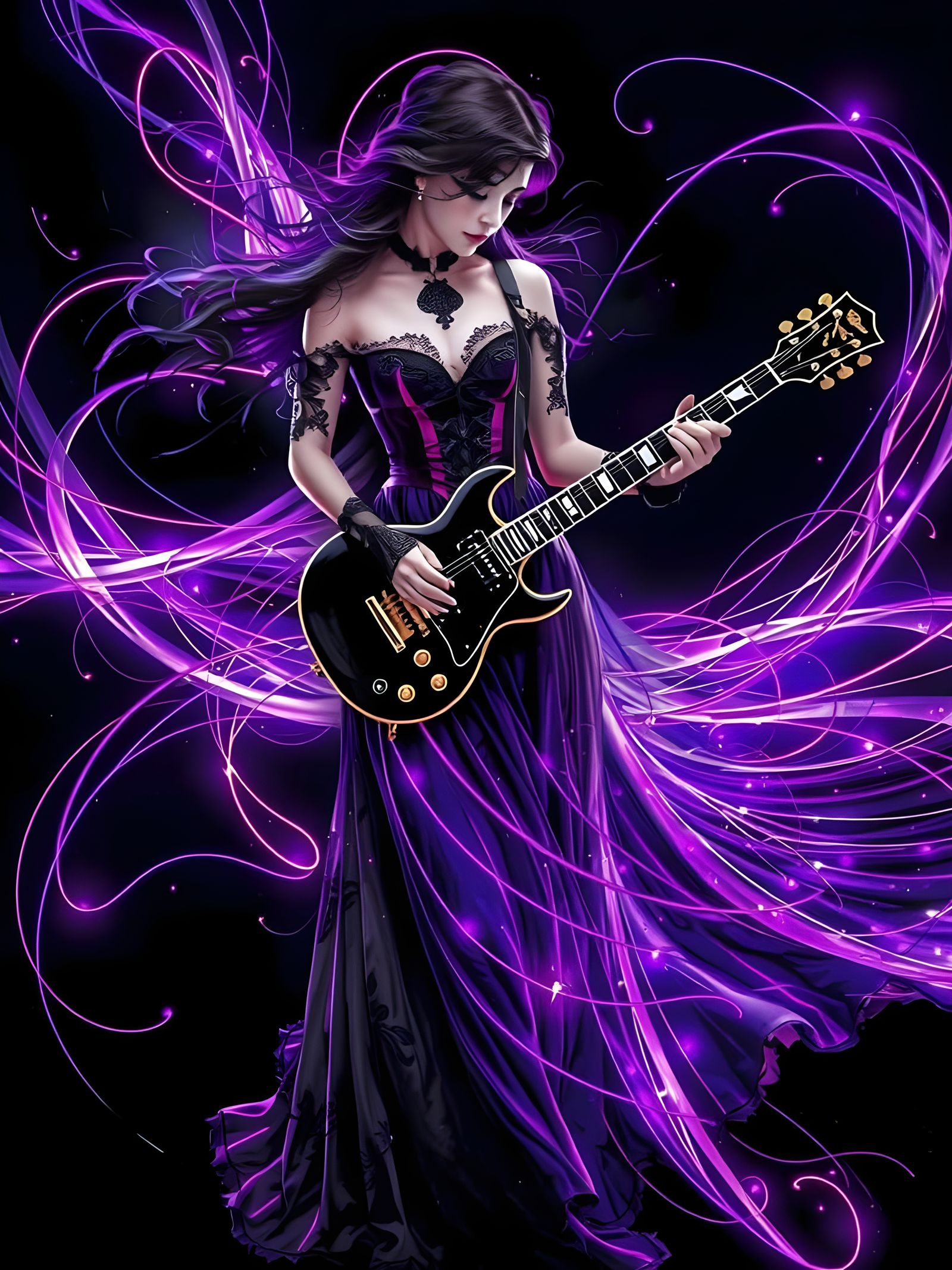 Surreal Gothic Women Play Electric Guitar in Ethereal Light