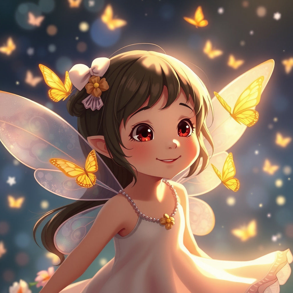Cute Fairy Girl Flying with Butterflies in Anime Style