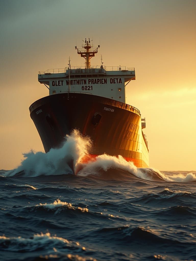 Rugged Tanker Battles Turbulent Sea in Golden Hour