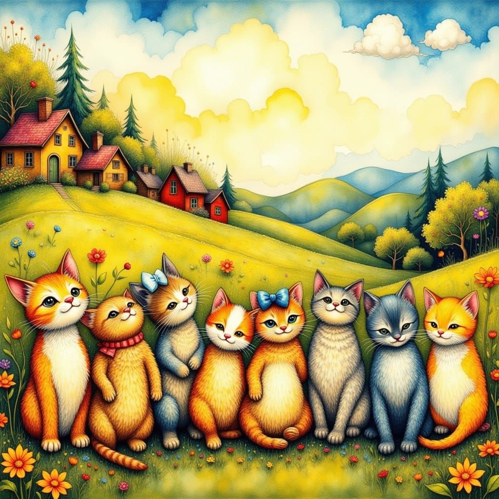 Vibrant Whimsical Feline Scene