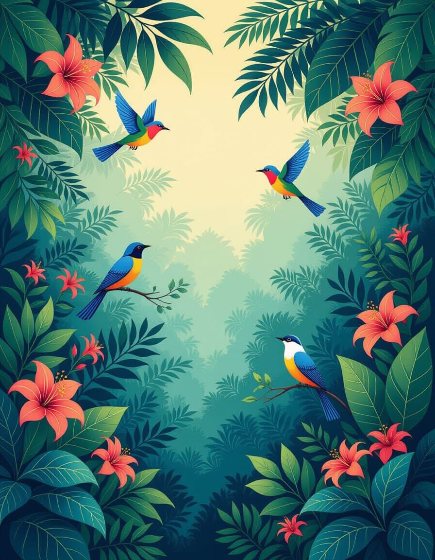Exotic Birds in Lush Jungle Scene