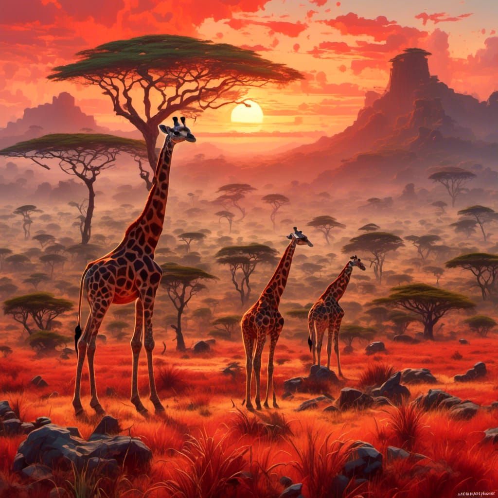 Giraffe in African Sunset Landscape with Collage Elements