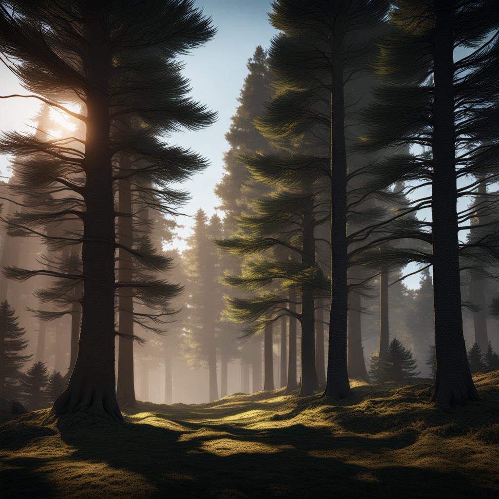 Atmospheric Woodland Scene with Pine Trees and Shadows