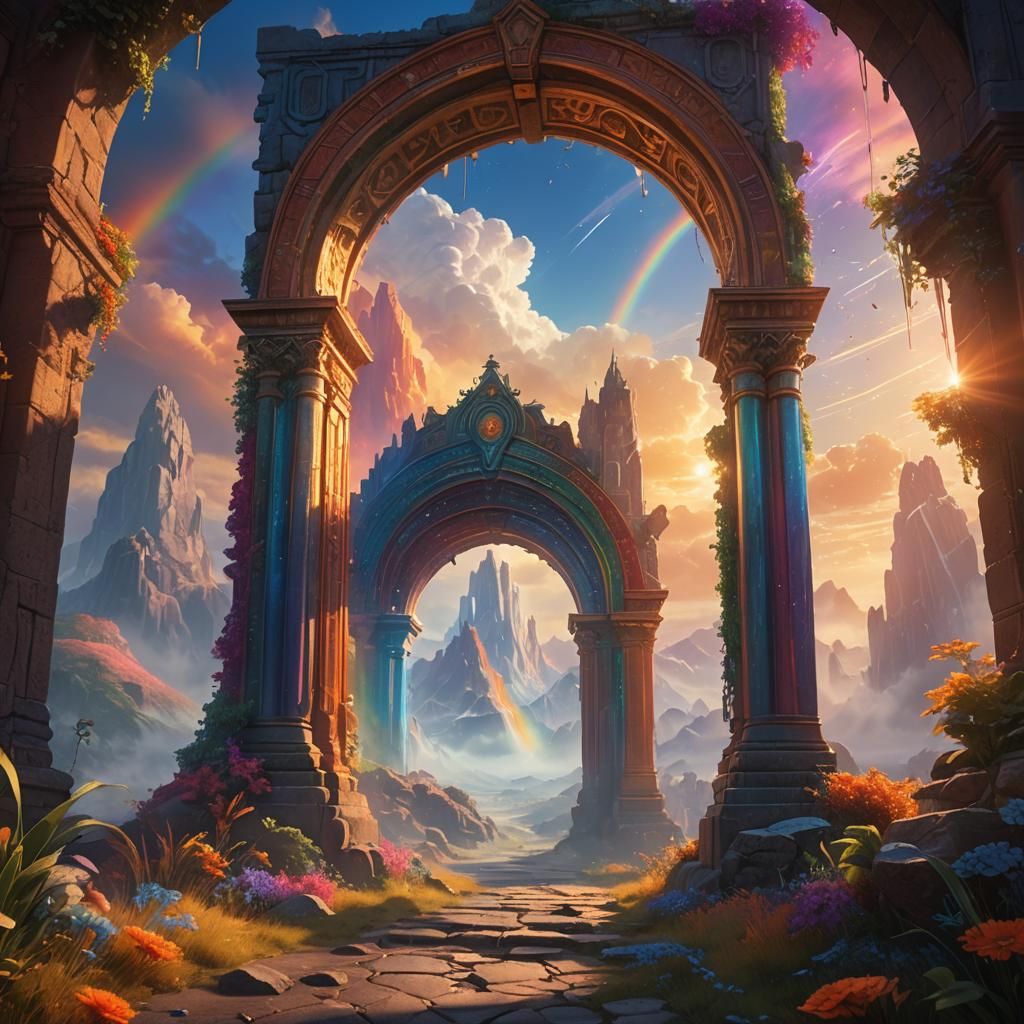 Rainbow Archway Descends onto Serene Landscape