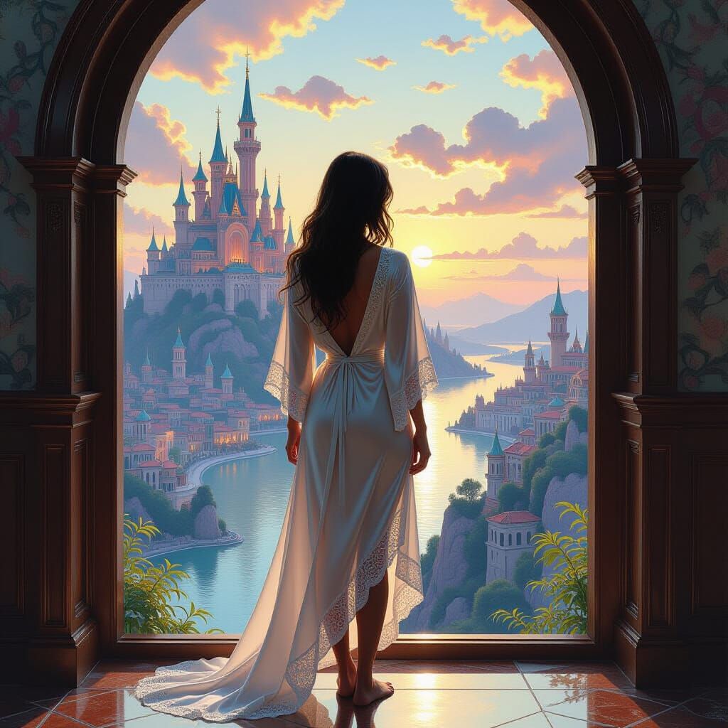 Fantasy Woman Gazing at Cityscape as Oil Painting