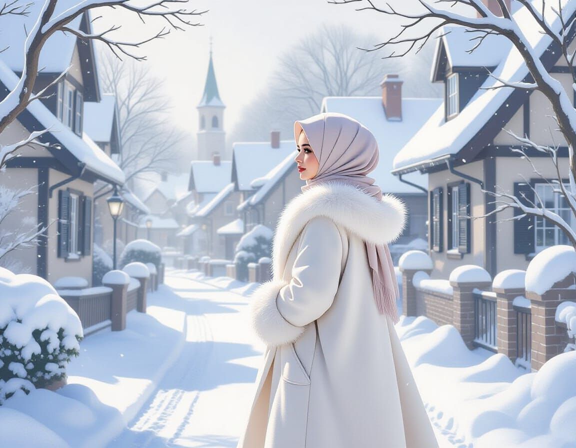 Graceful Hijabi Girl in Snowy City