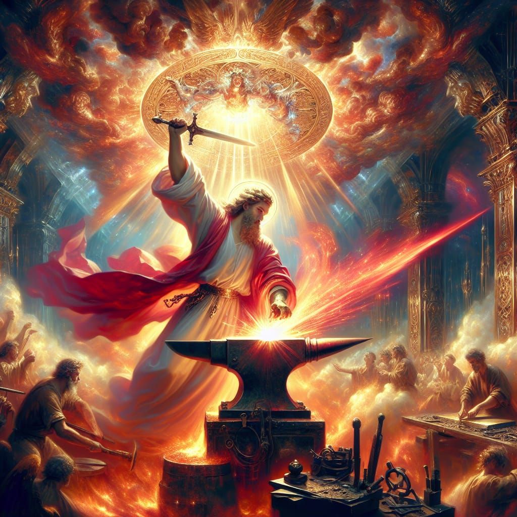 Divine Blacksmith Forging Scarlet Sword as Matte Painting