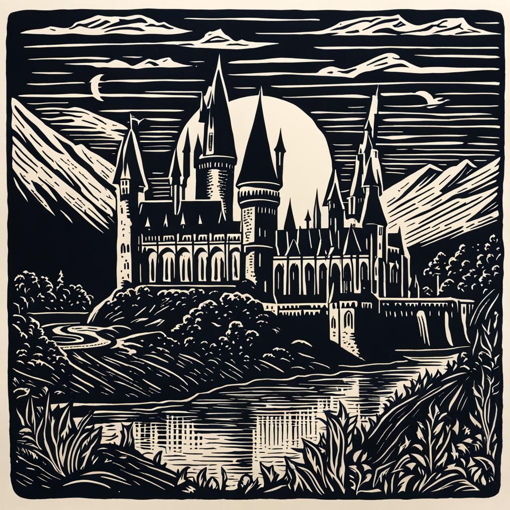 Linocut of hogwarts school