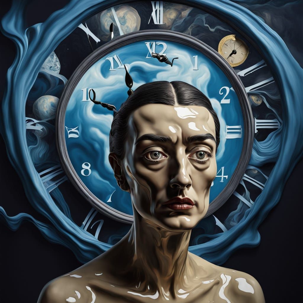 Surreal Oil Painting of a Woman with Melting Clock Eyes