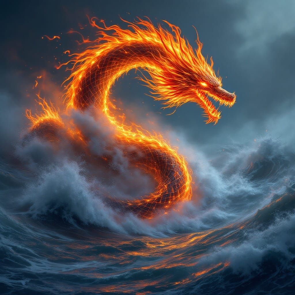 Fiery Sea Serpent Emerges from the Ocean