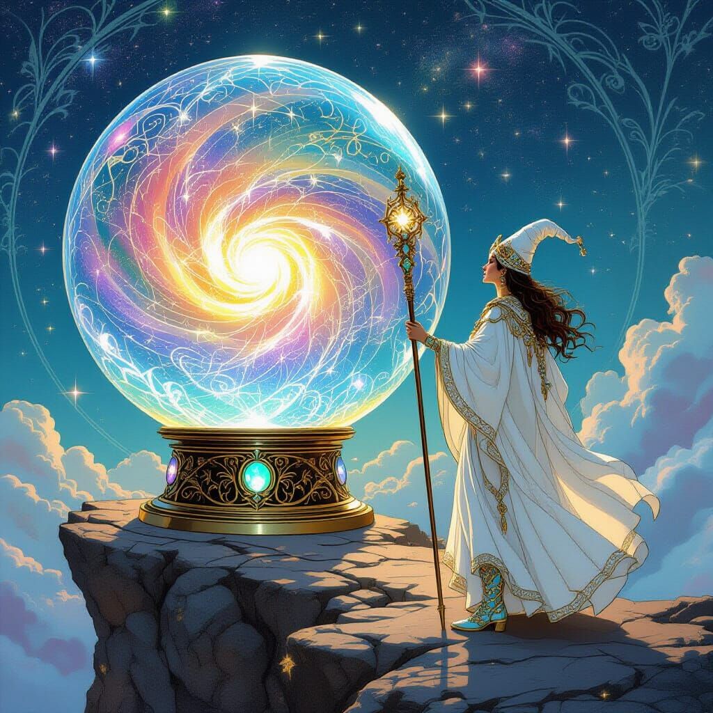 Cosmic Wizard Overlooking Galaxy as Art Nouveau Illustration