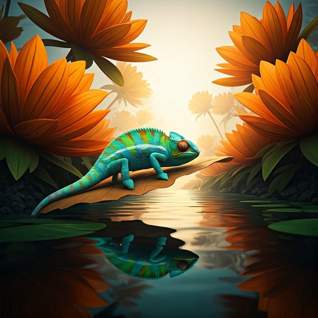 Rainbow Chameleon Journey in Art Nouveau Style
