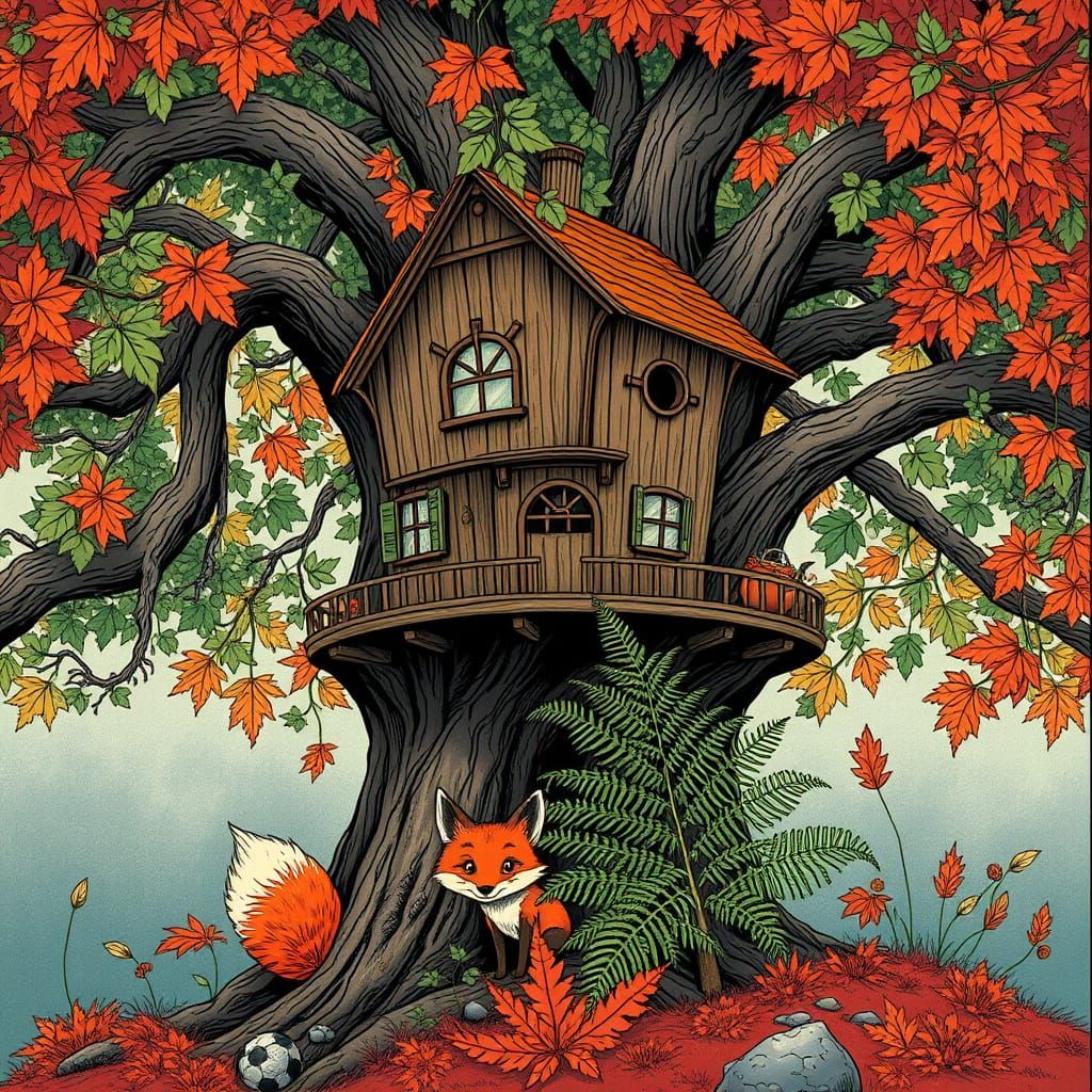 Enchanted Treehouse in Oak Branches with Curious Red Fox