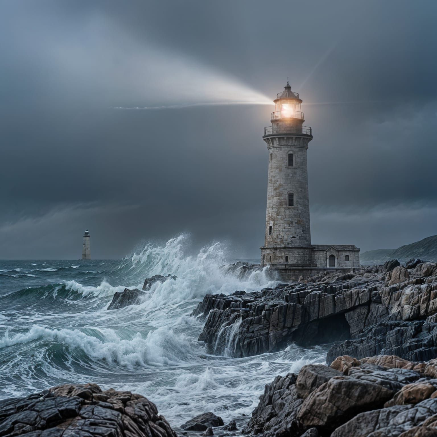 Ancient Lighthouse Battles Stormy Seas in Hyperrealistic Sty...