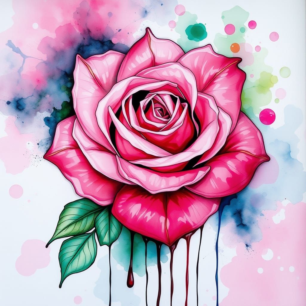 abstract alcohol ink painting, with a single blooming rose d...