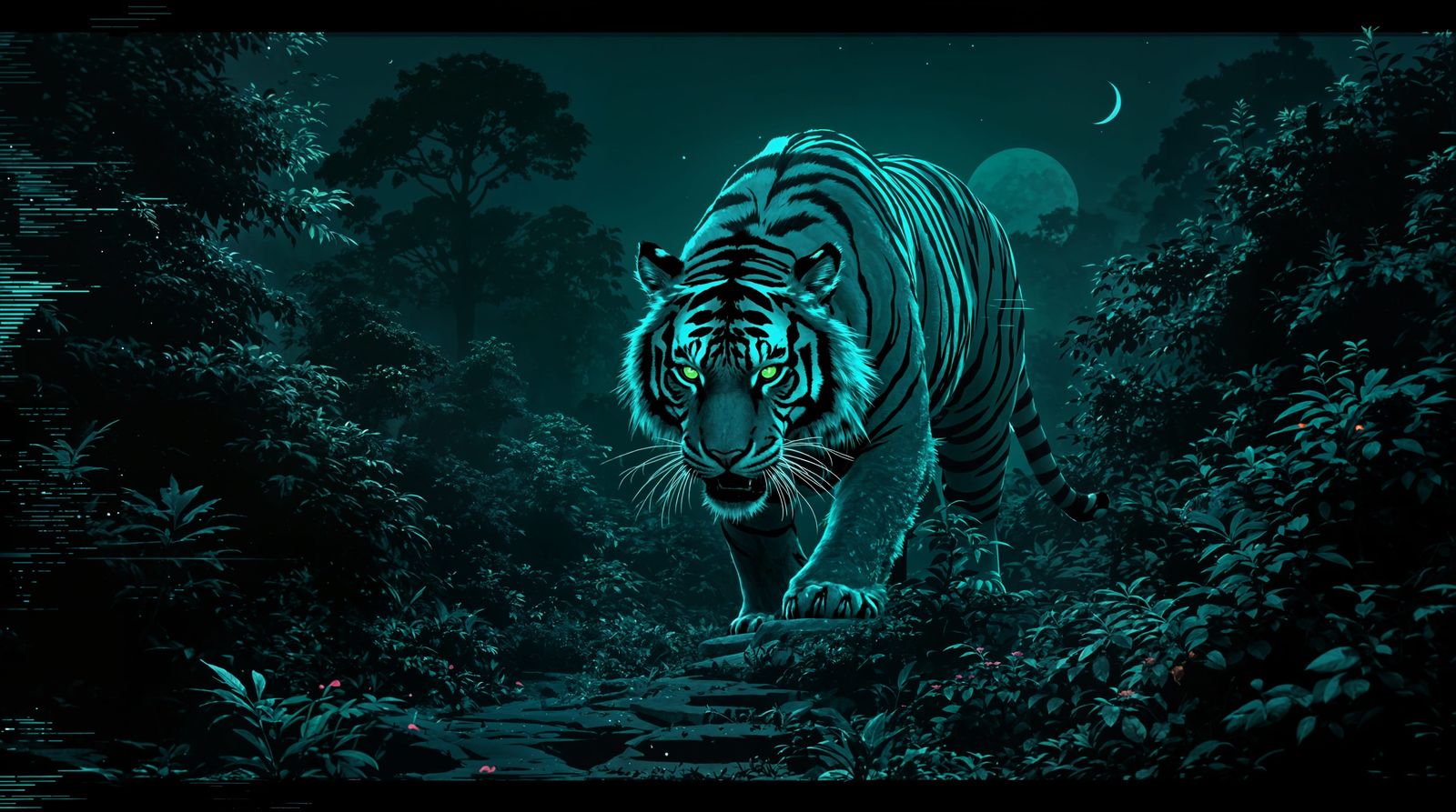 Glitching Tiger Awakens in a Surreal Jungle