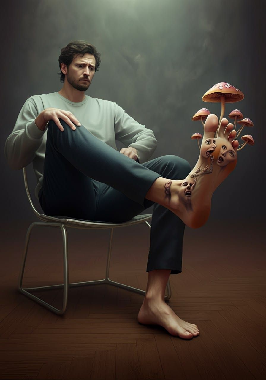 Dreamlike Surrealism: Man Surrounded by Talking Fungal Toes