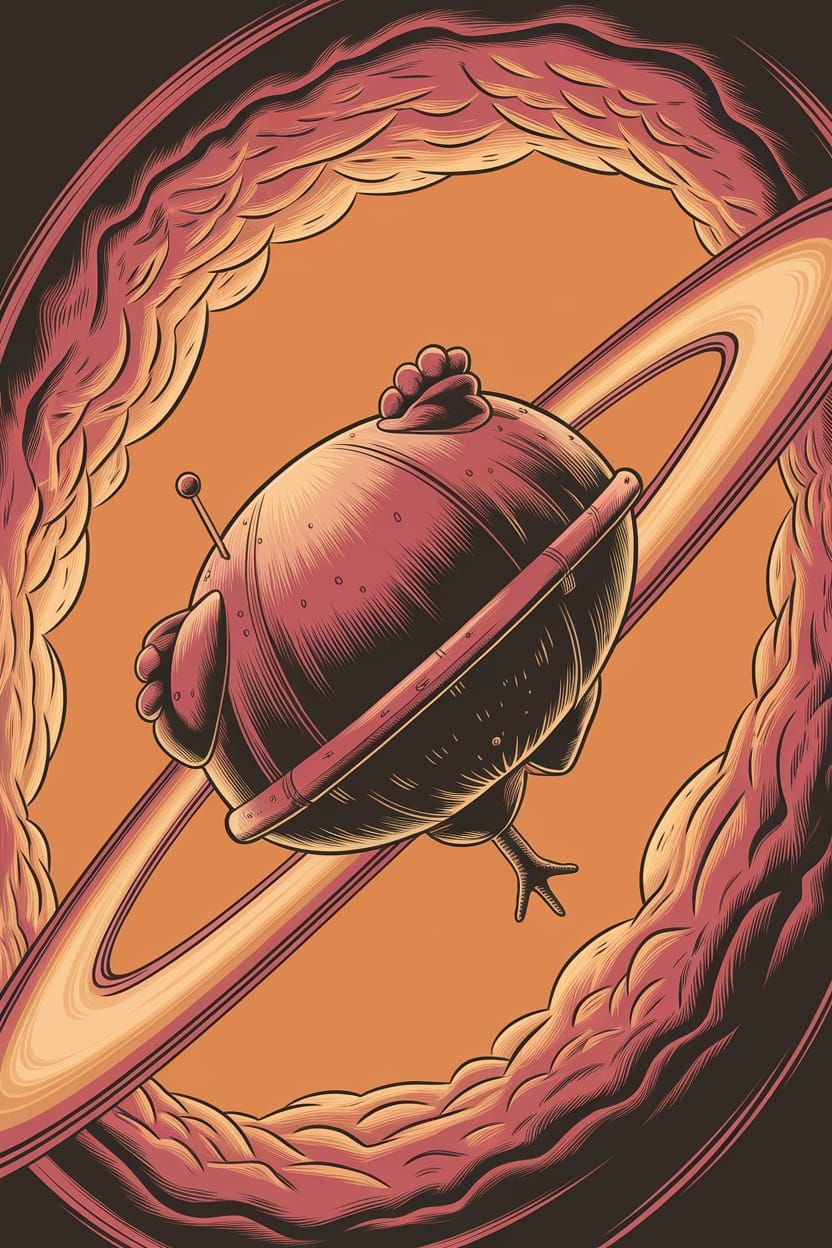 Rotisserie Chicken Spaceship Flying Through Donut Planet
