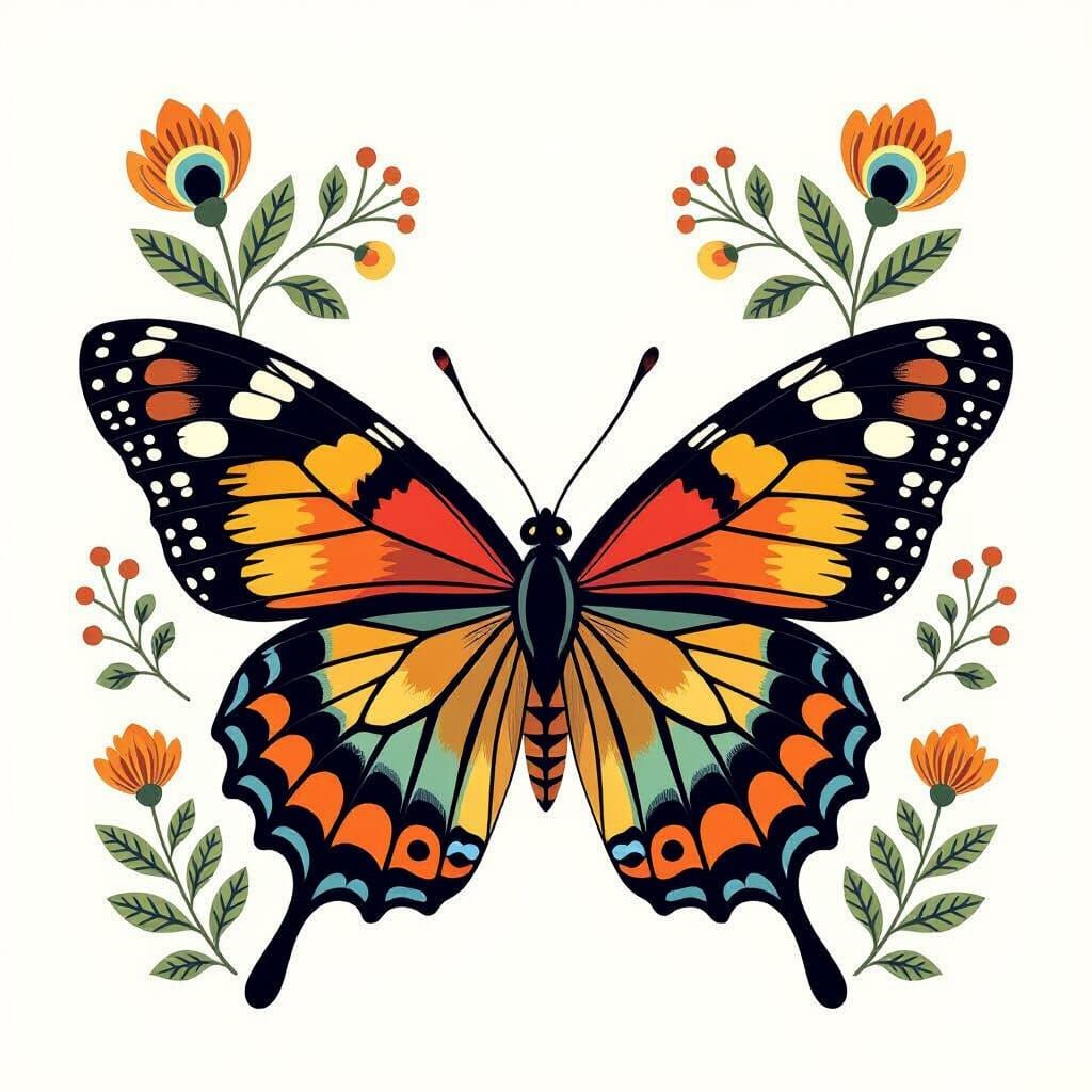 Peacock Butterfly Illustration in Charley Harper Style