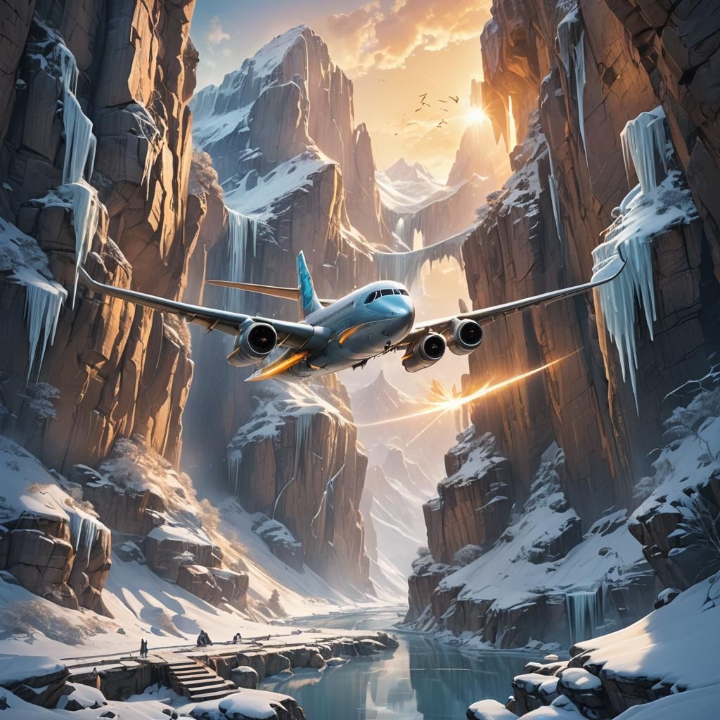 Winter Aeroplane Soaring Through Icy Canyon