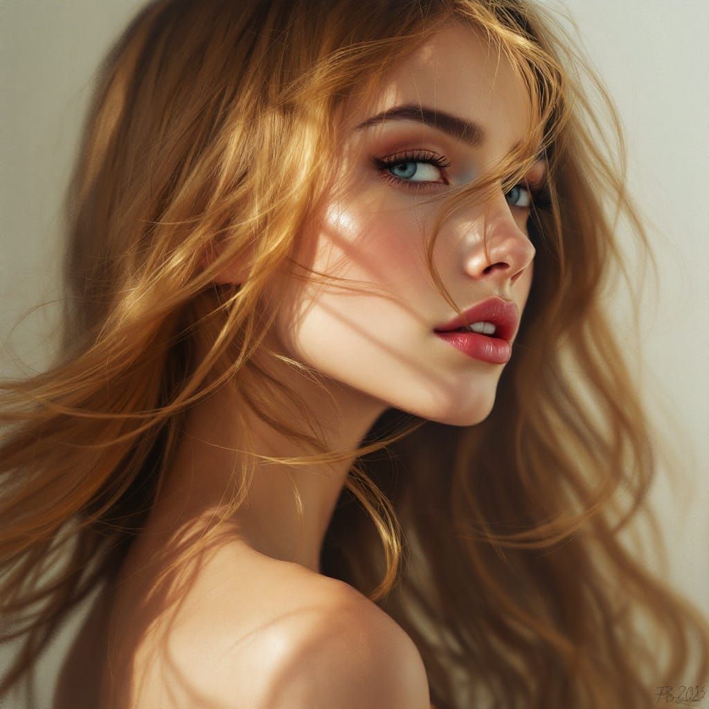 Photorealistic Painting of Woman with Flowing Hair
