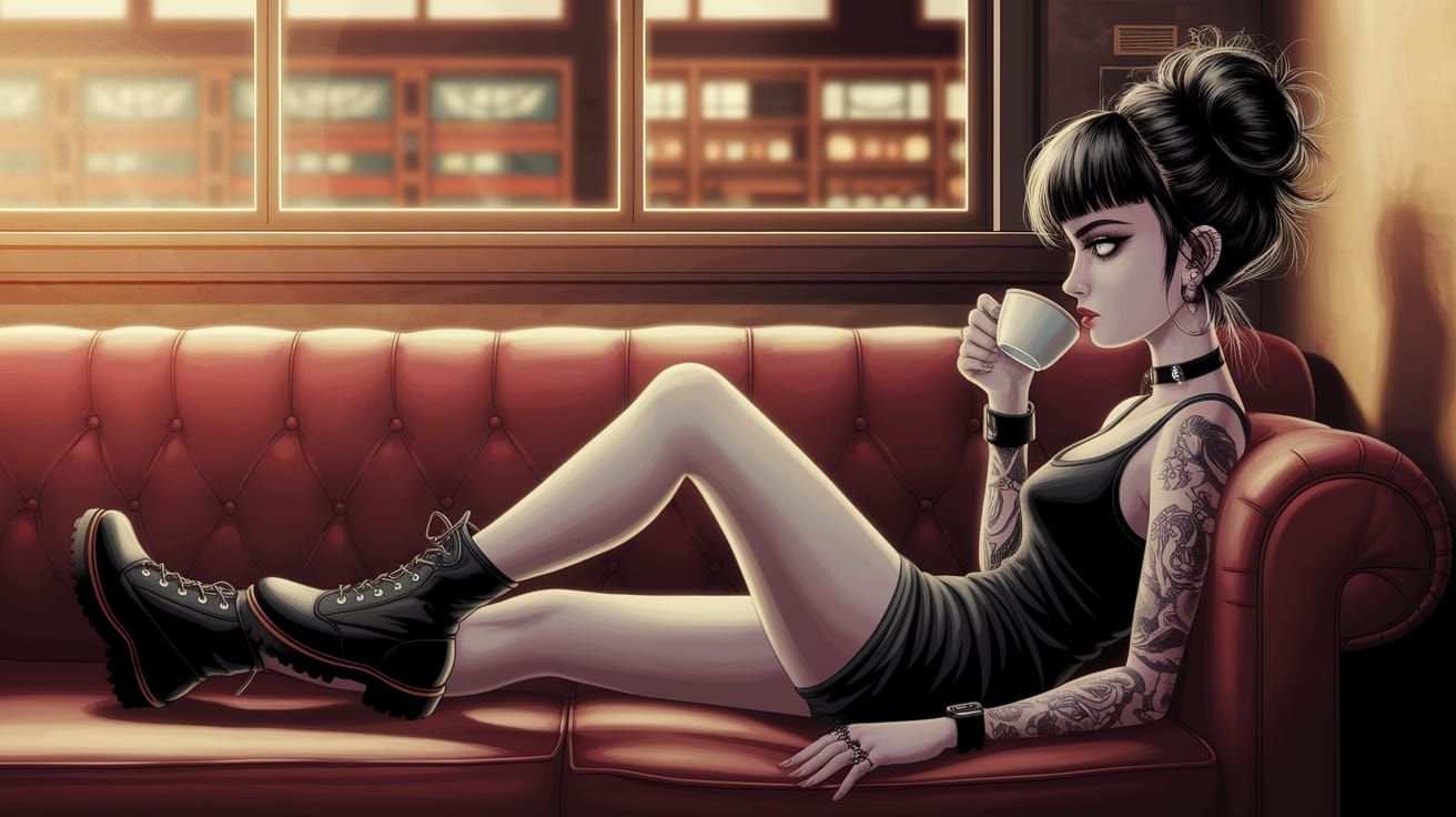 Goth Girl Sipping Coffee in University Cafe