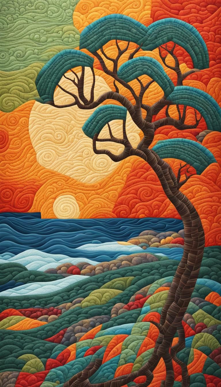 Abstract Tropical Tree on Windswept Bluff