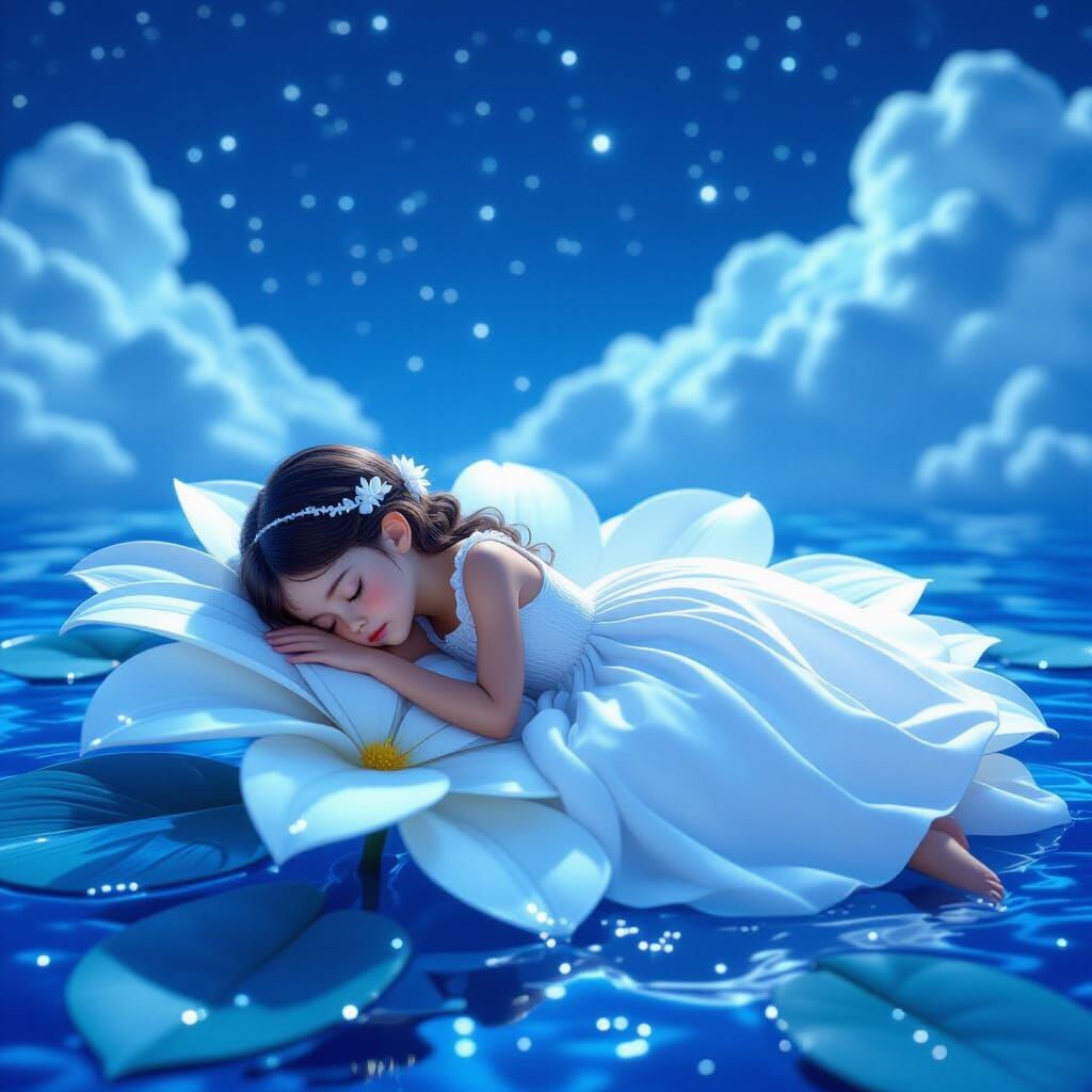 Girl Sleeping on Leaf in Night Sky, 3D Render