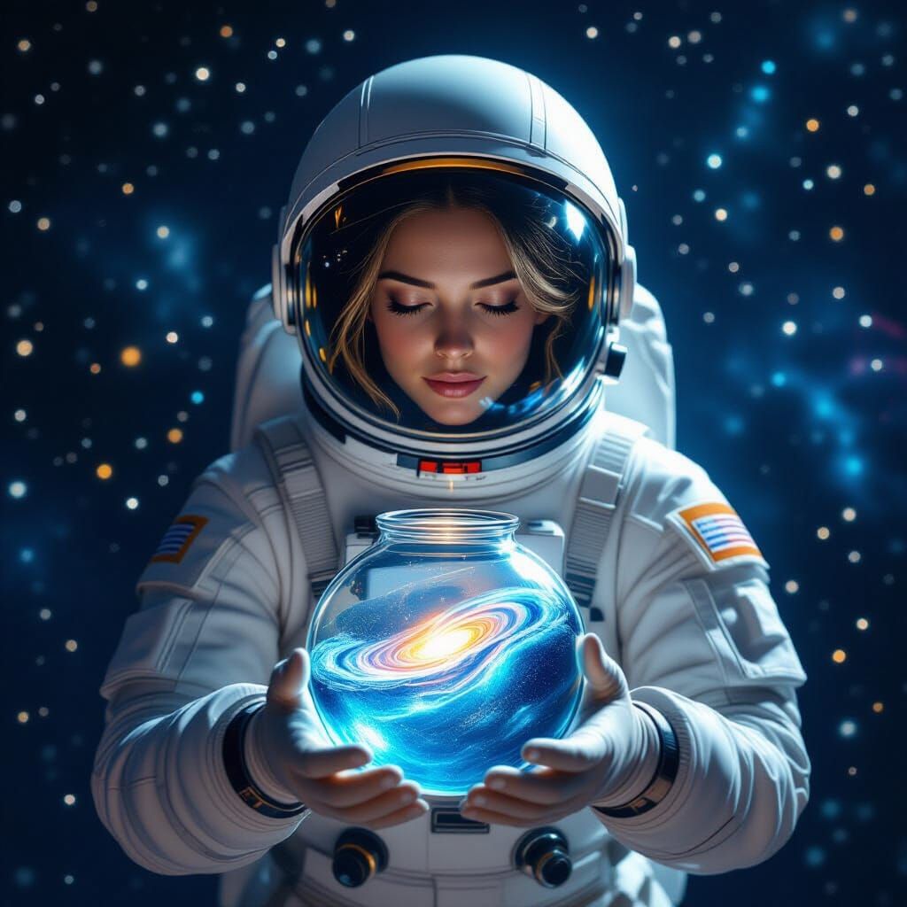 Woman in Spacesuit Gazes at Sea in Glass Orb