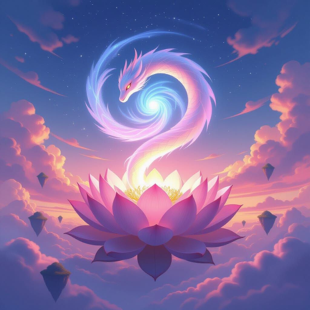 Ethereal Cloud Serpent Rises from Cosmic Lotus