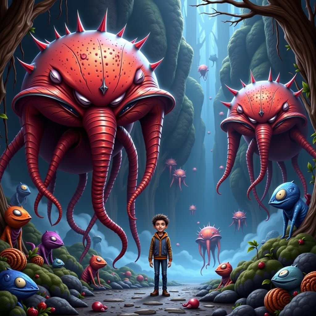 Whimsical Forest Scene with Boy and Creatures