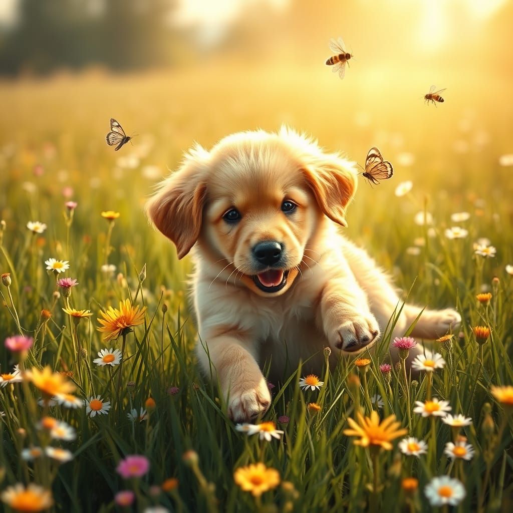 Golden Retriever Puppy Playing in Wildflower Meadow