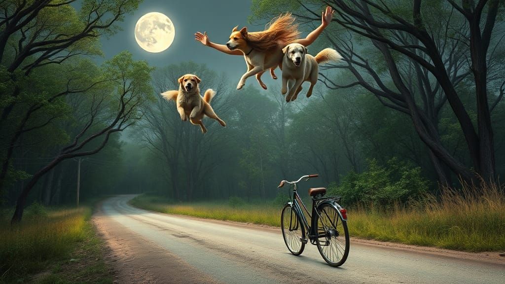 Woman Soaring with Dogs in Magical Forest