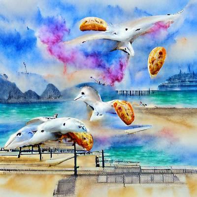 Seagulls Diving for Pasties: Watercolor Seaside Art