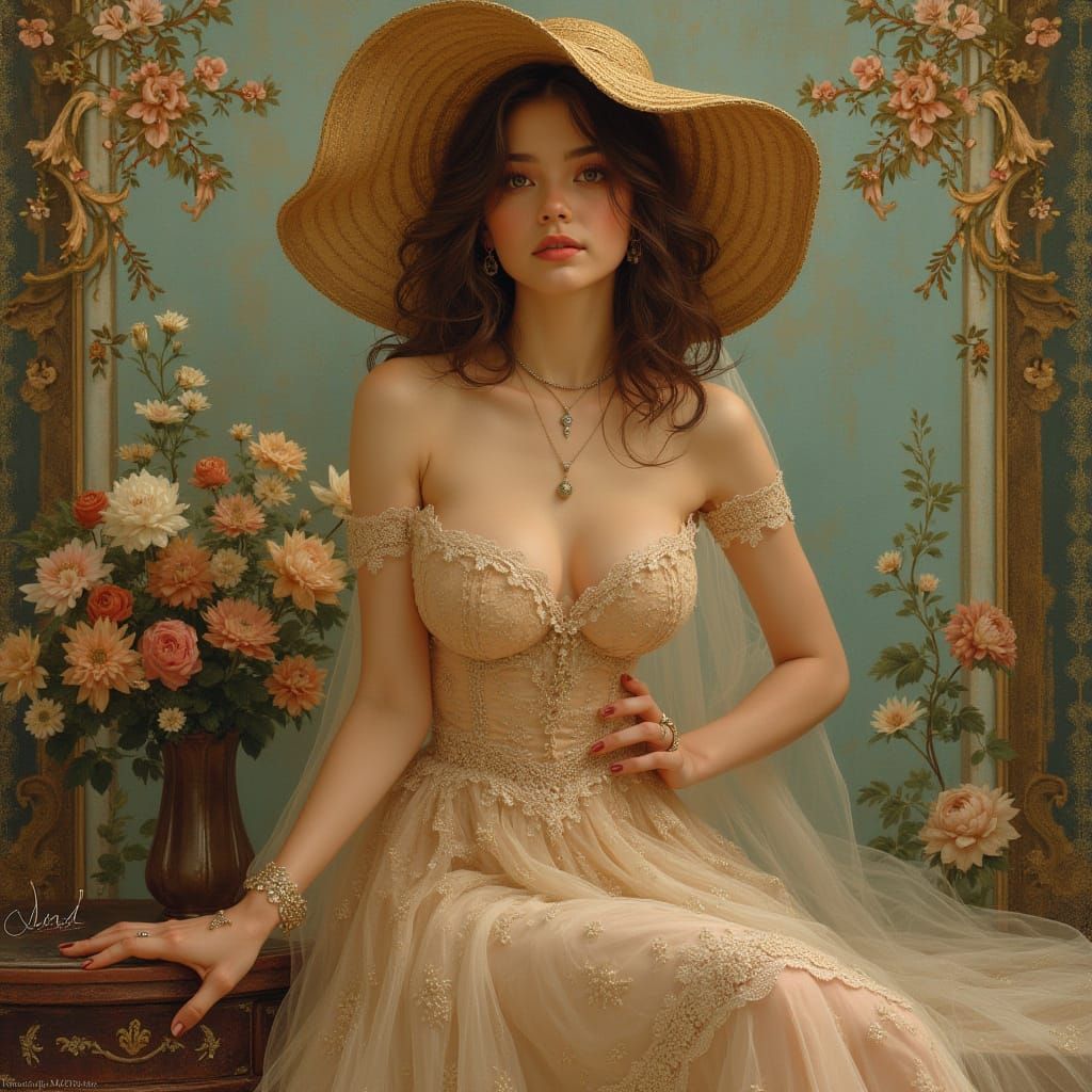 Elegant Woman Posing in Art Nouveau Style