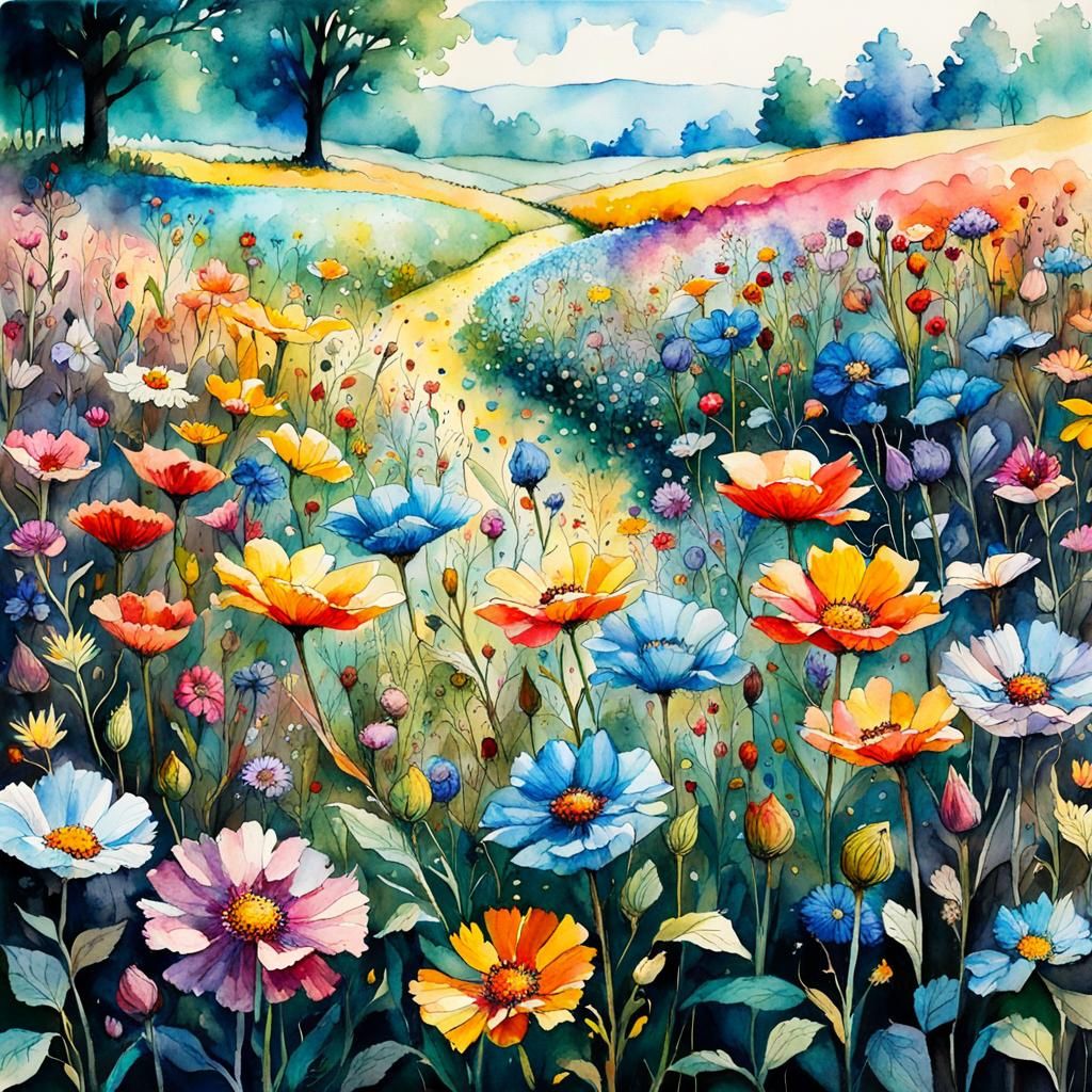 Incredible Multicolored Summer Flower Field, Watercolor Illu...