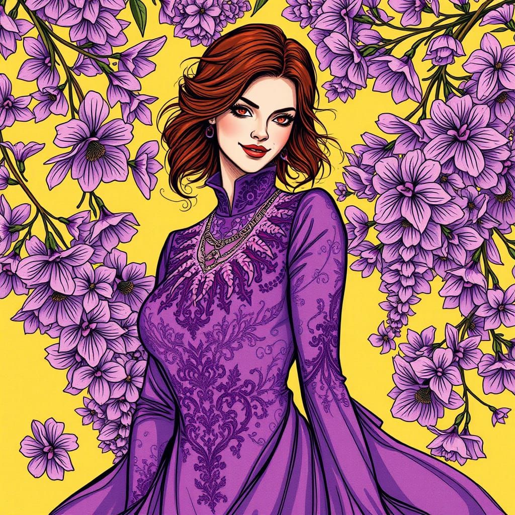 Enigmatic Lady in a Whirlwind of Lilac Petals