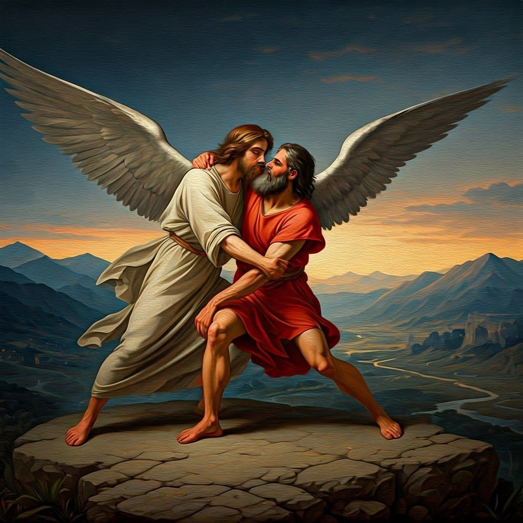 Jacob Wrestles the Angel in Muted Oil Colors