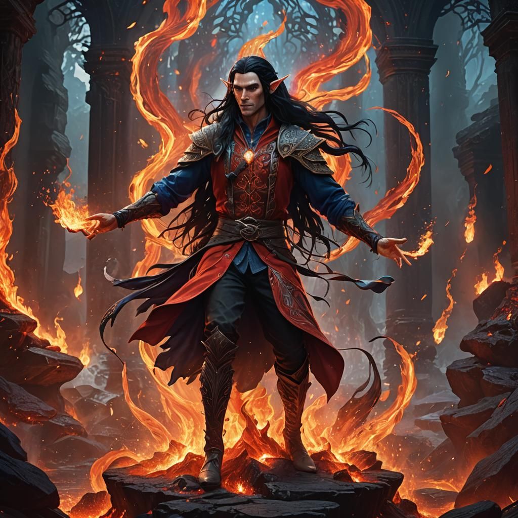 A tall male elf  with very long black hair, blue eyes, weari...