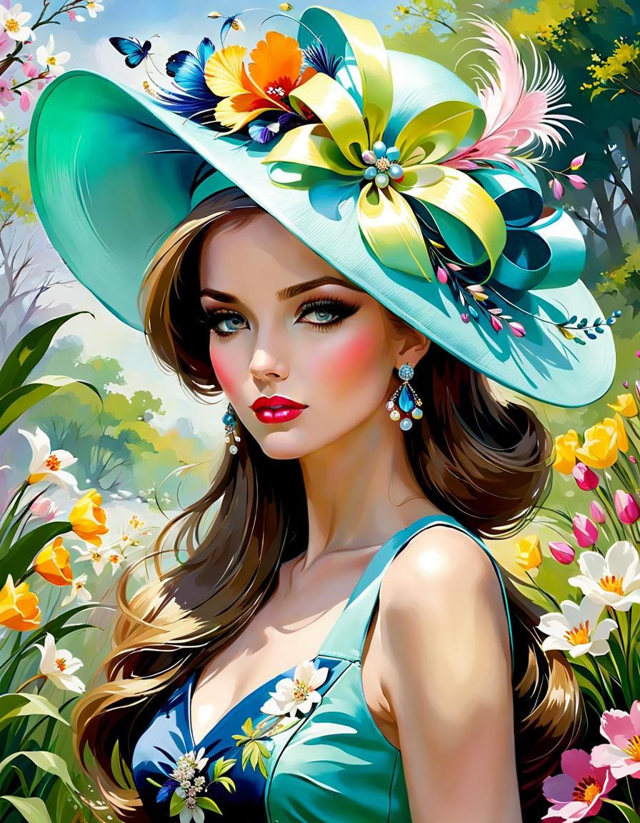 Woman in Spring Fascinator, Photorealistic Fantasy Art