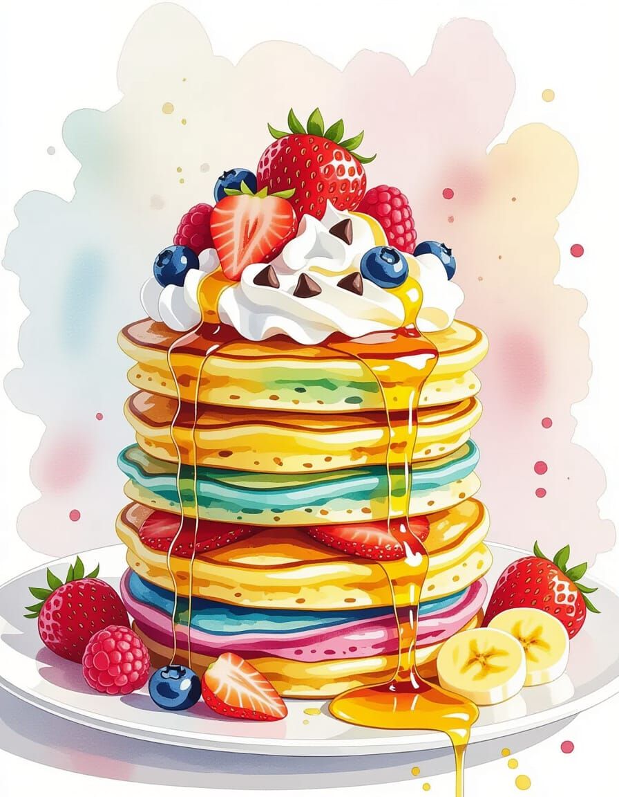 Rainbow Pancakes with Toppings in Watercolor Style