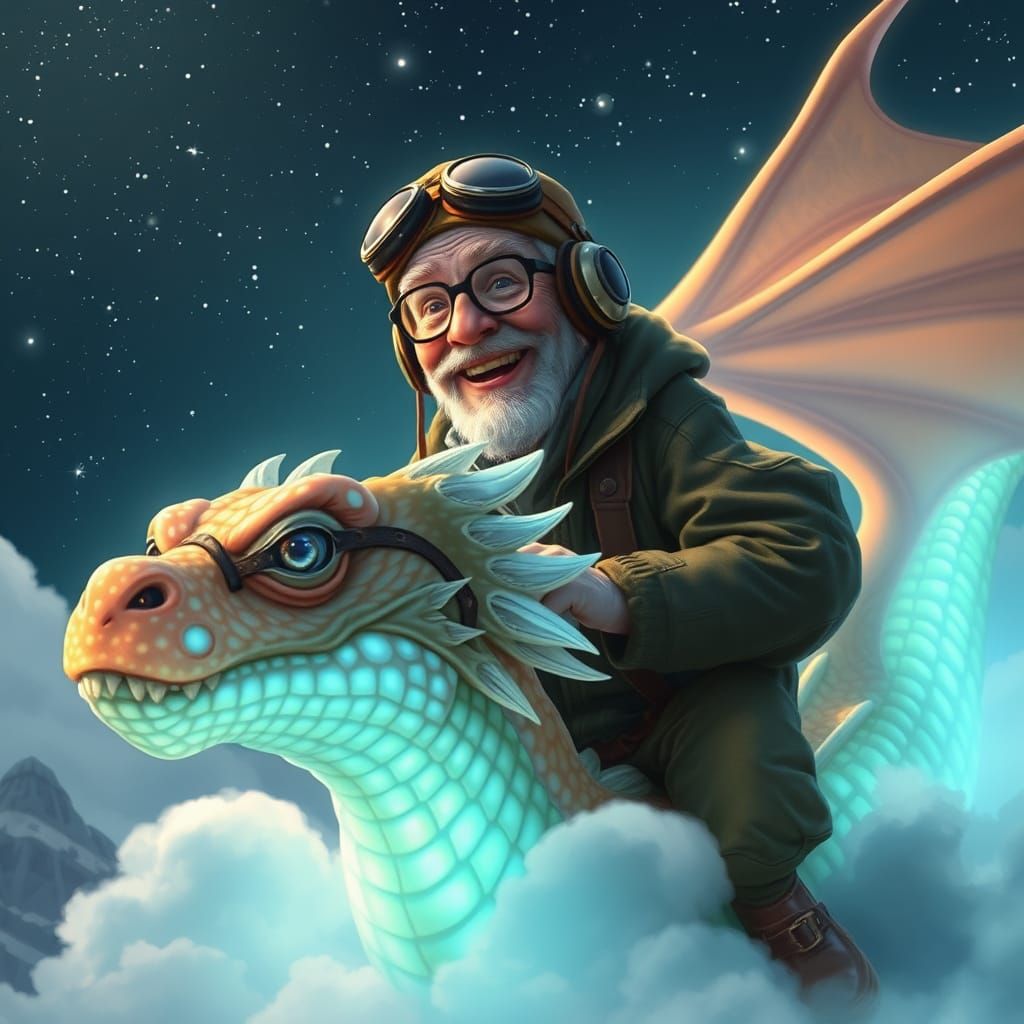 Elderly Pilot Rides Bioluminescent Dragon in Steampunk Fanta...