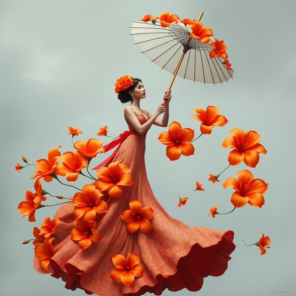 Woman in Mid-Twirl with Vibrant Orange Hibiscus Flowers