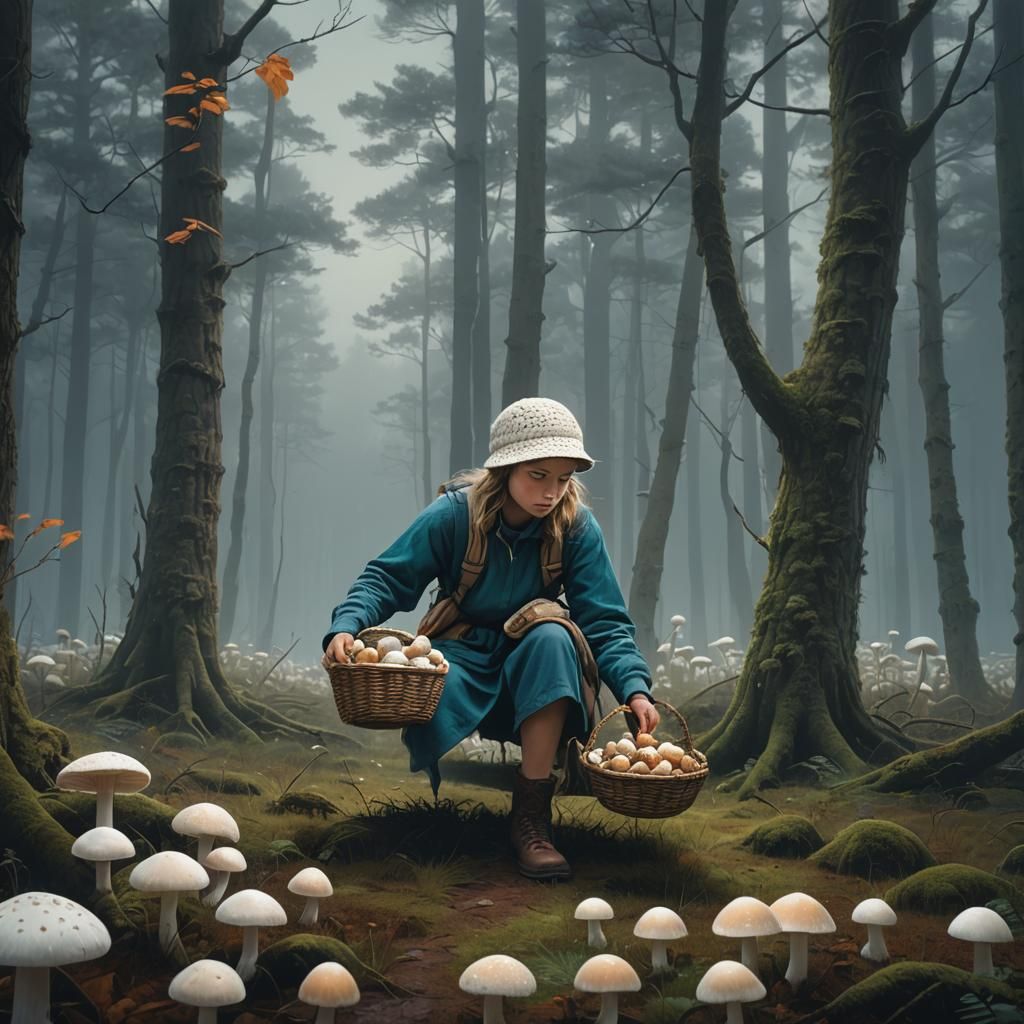 Girl Picking Mushrooms in Ethereal Digital Painting