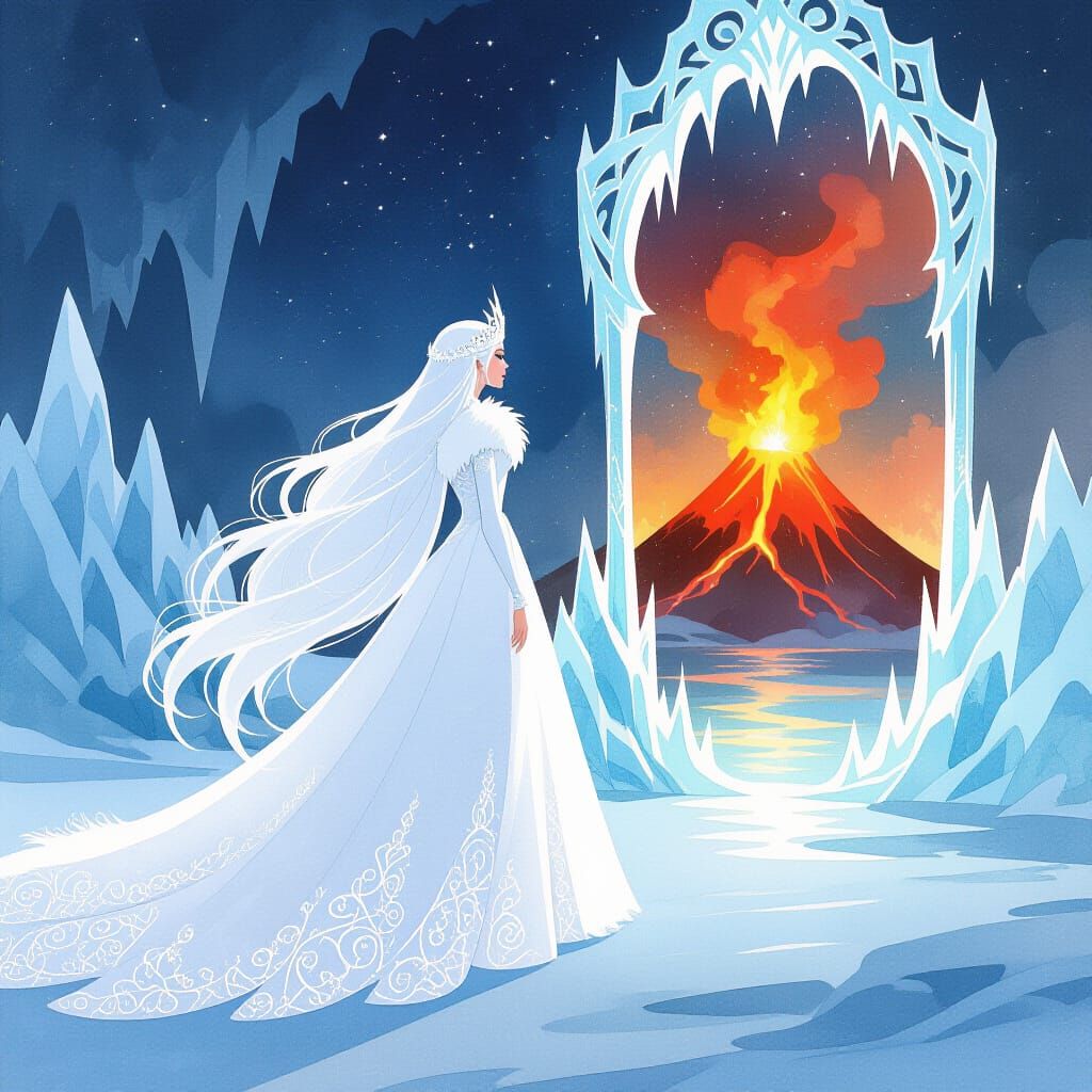 Snow Queen and Fire Portal in Watercolor Style